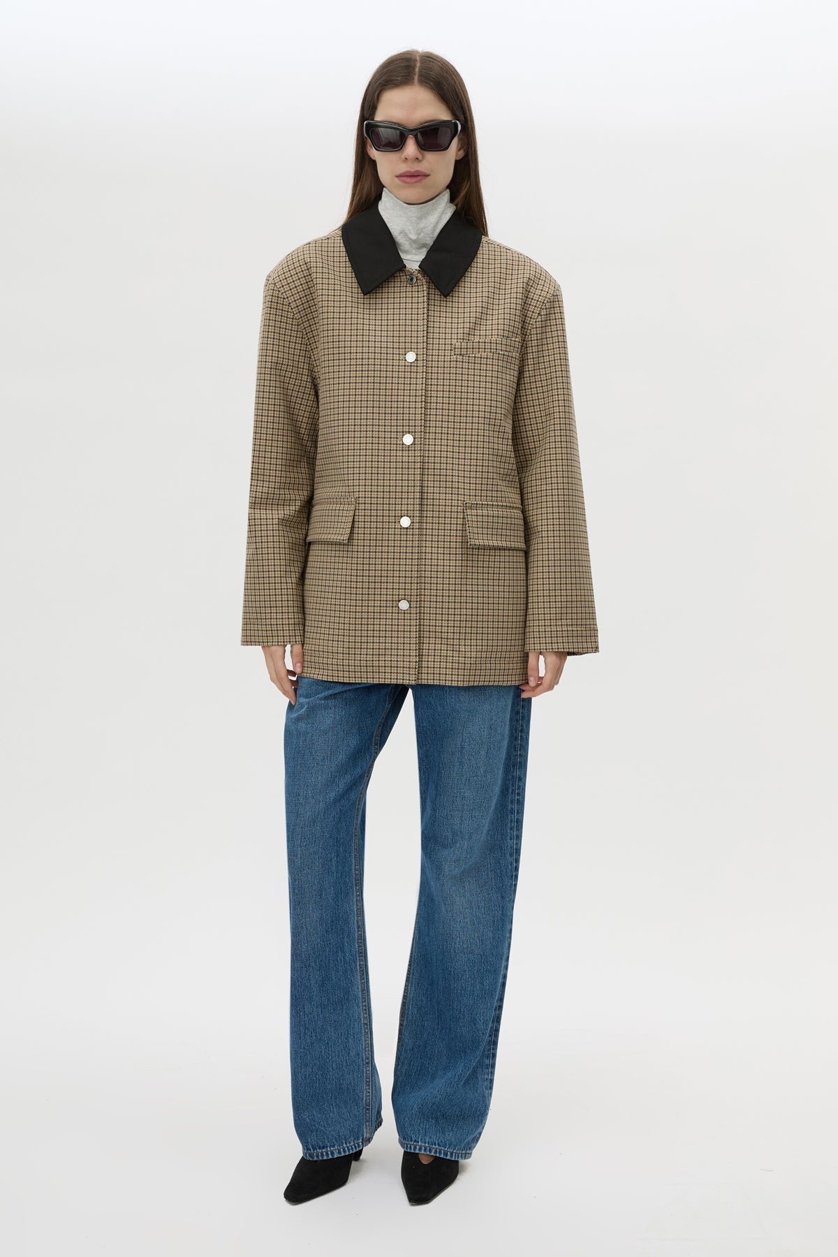 Front styled view CAMILLA AND MARC Sage Check Jacket in Walnut Check with denim detailing and contrast collar.