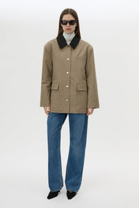Front styled view CAMILLA AND MARC Sage Check Jacket in Walnut Check with denim detailing and contrast collar.
