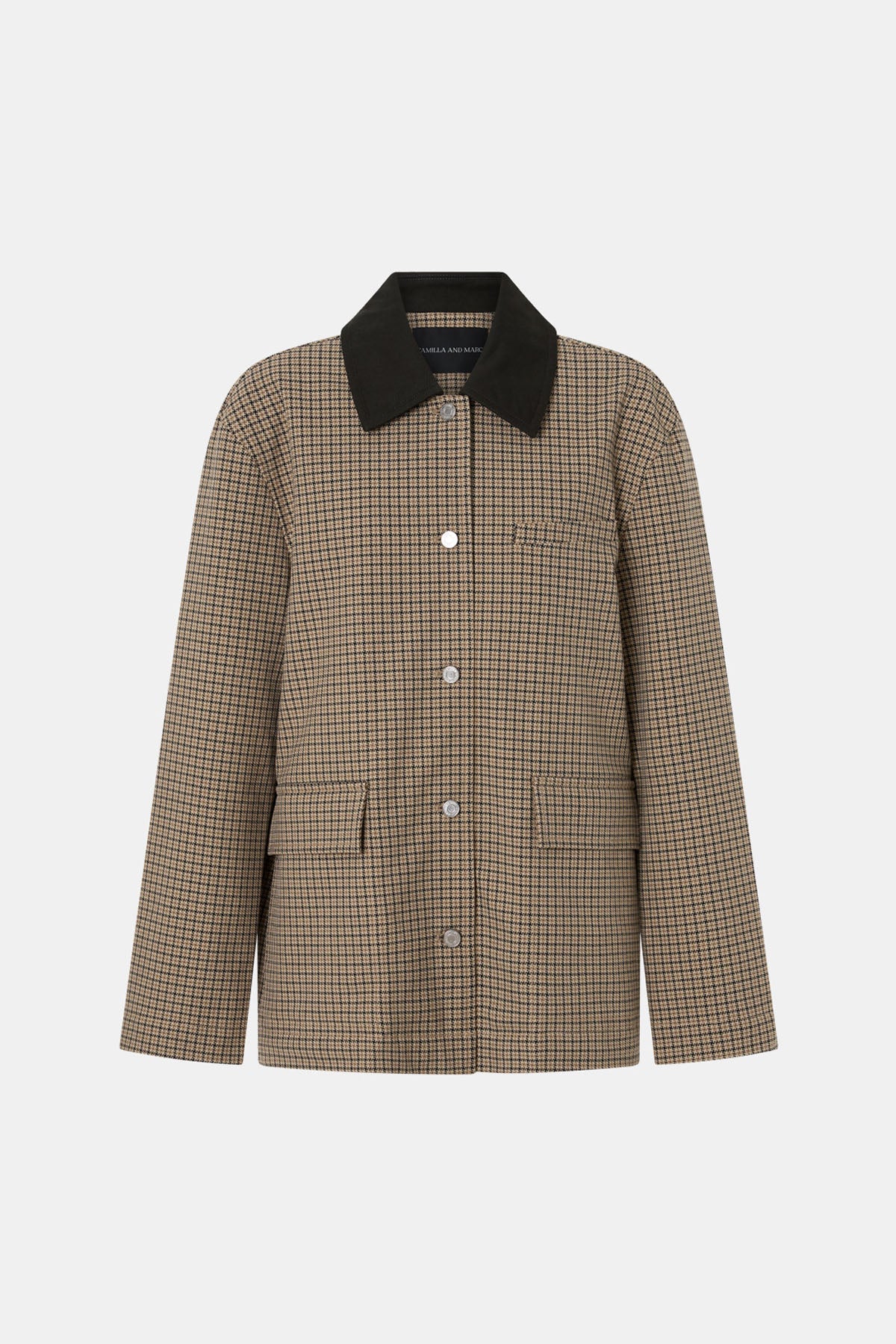 Ghost view CAMILLA AND MARC Sage Check Jacket in Walnut Check with denim detailing and contrast collar.