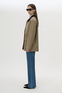Side view CAMILLA AND MARC Sage Check Jacket in Walnut Check with denim detailing and contrast collar.