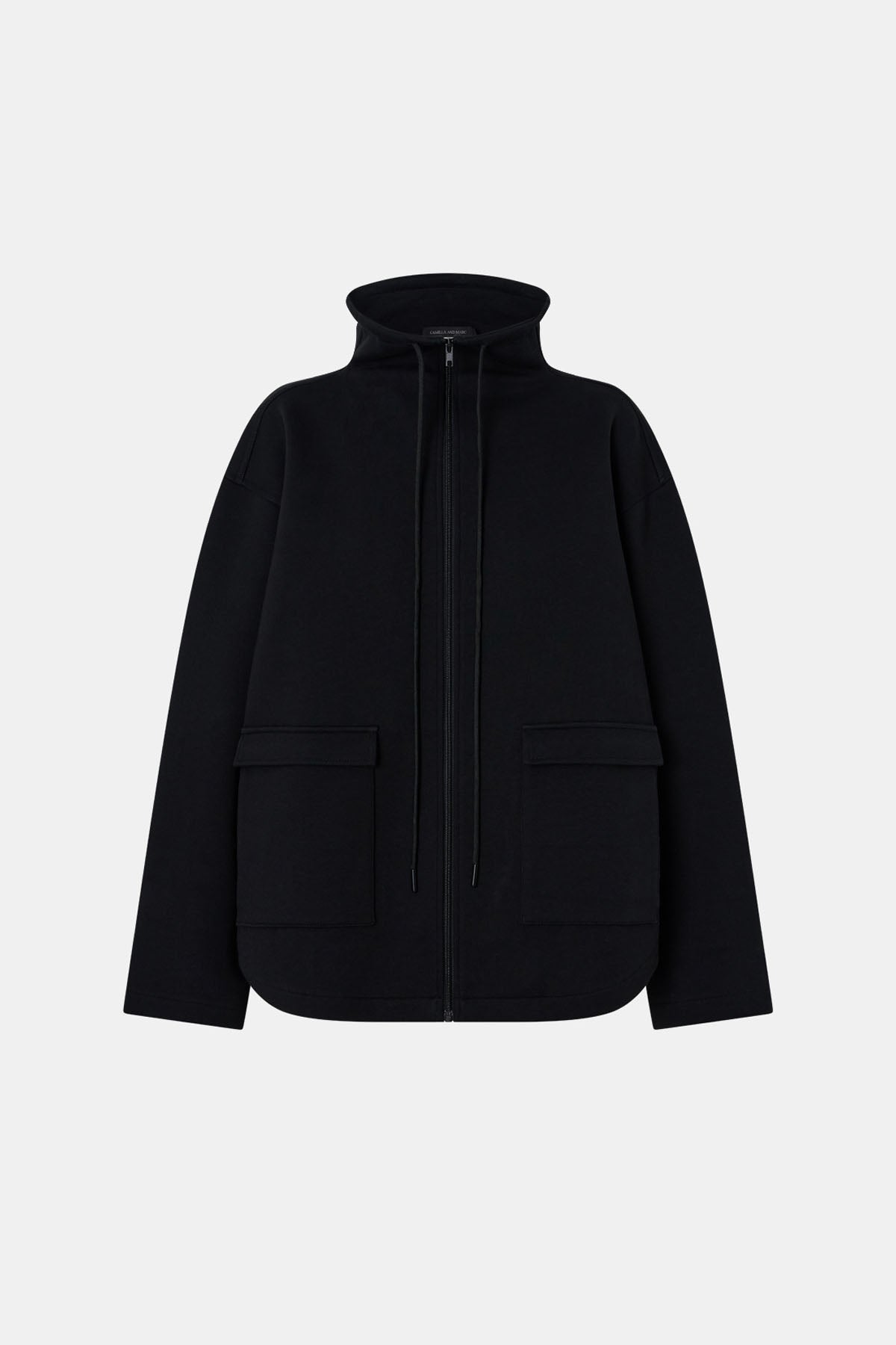 Ghost view CAMILLA AND MARC Salem Bonded Fleece Jacket in black with high collared neckline.