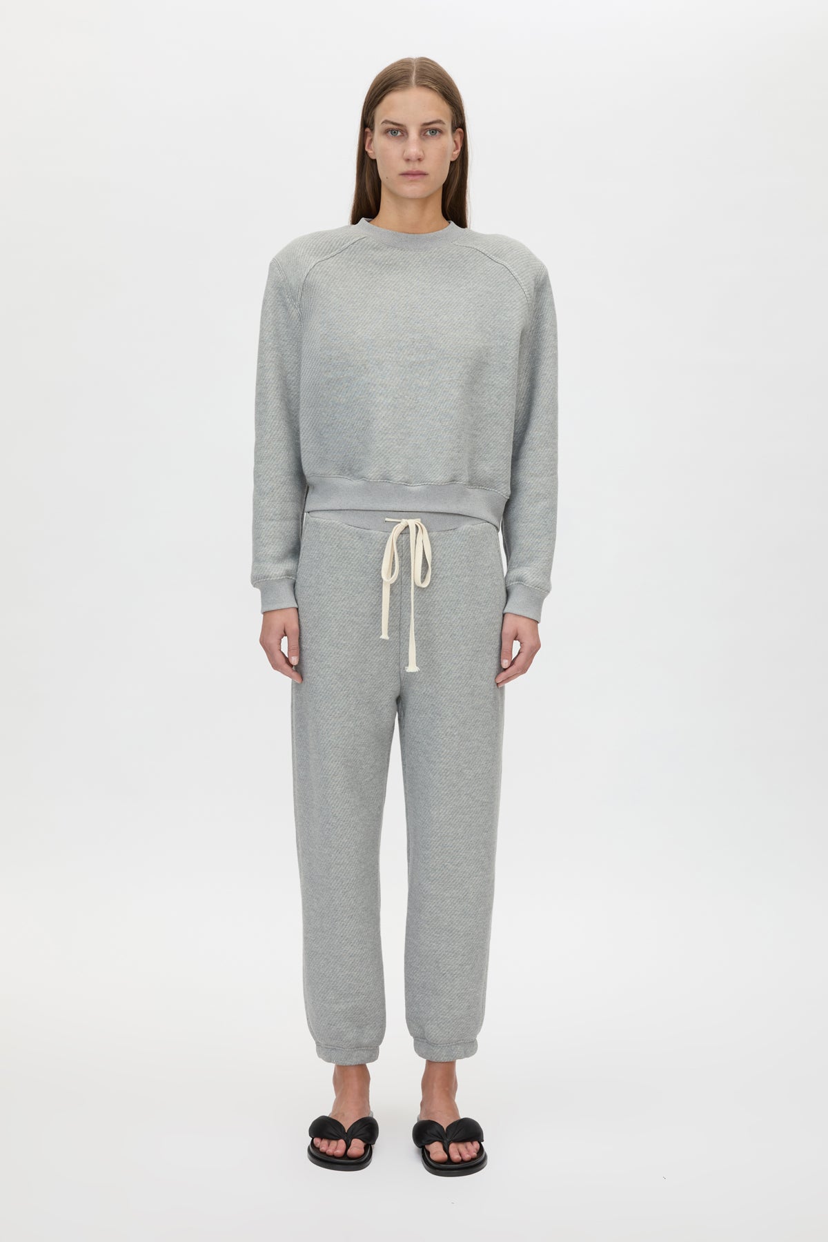 Front style View - CAMILLA AND MARC Savannah Crew Neck Tracksuit Top in grey marle fleece. 