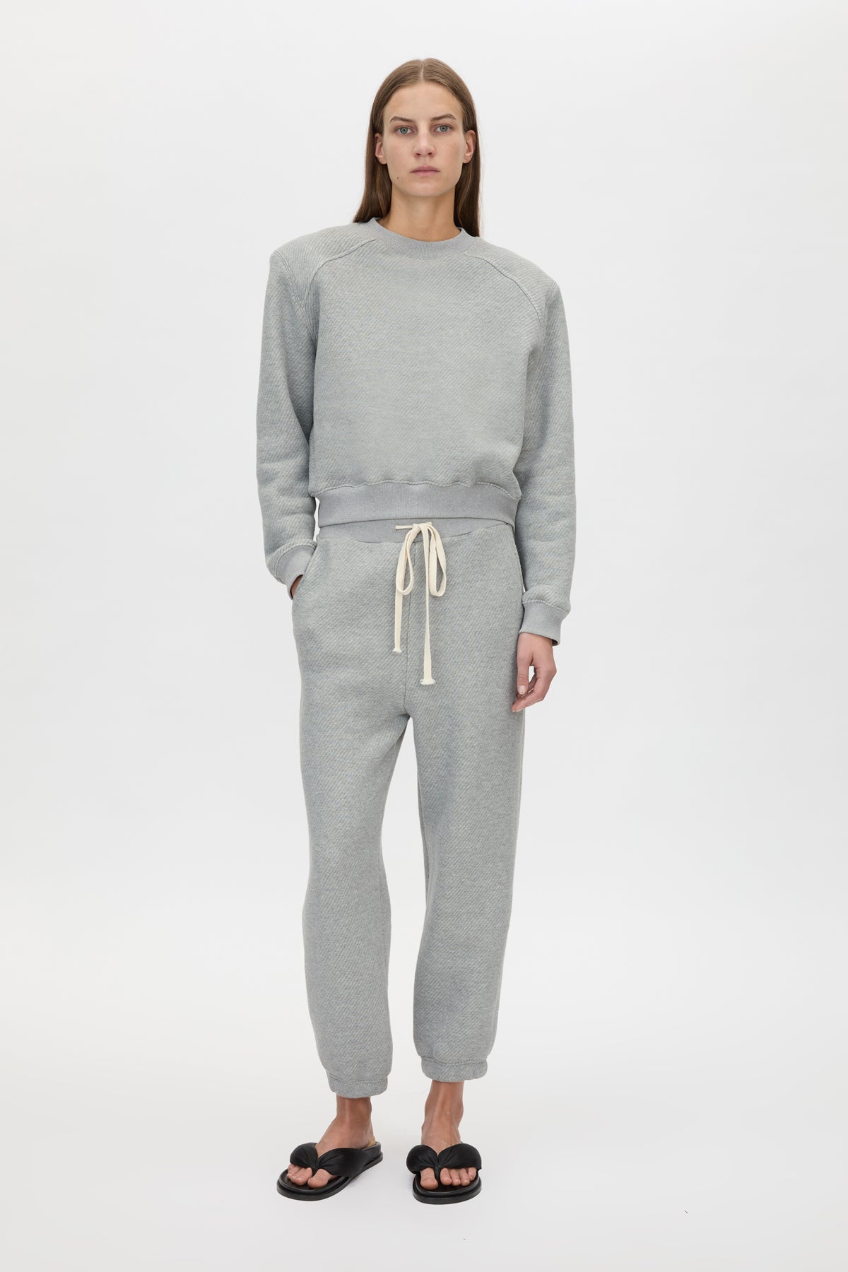 Front View - CAMILLA AND MARC Savannah Crew Neck Tracksuit Top in grey marle fleece. 