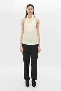 Front view CAMILLA AND MARC Silvie Textured Knit Top in soft white with a cowl halter neckline.
