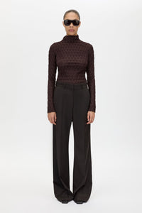 Front view CAMILLA AND MARC Sissil Top in Chocolate with long sleeves and funnel neckline.