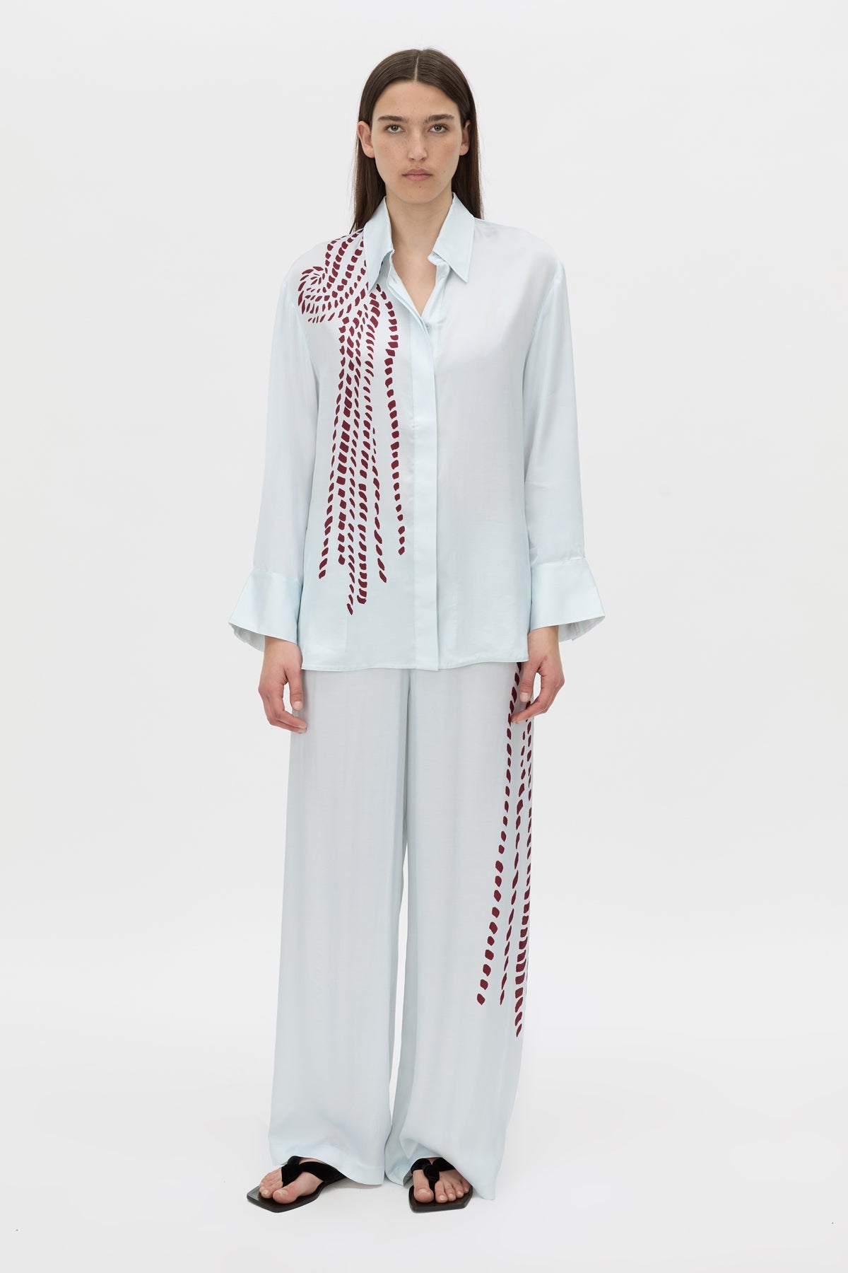 Front-styled view CAMILLA AND MARC Suri Long Sleeve Shirt in blue suri print.