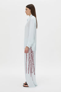 Side view CAMILLA AND MARC Suri Long Sleeve Shirt in blue suri print.