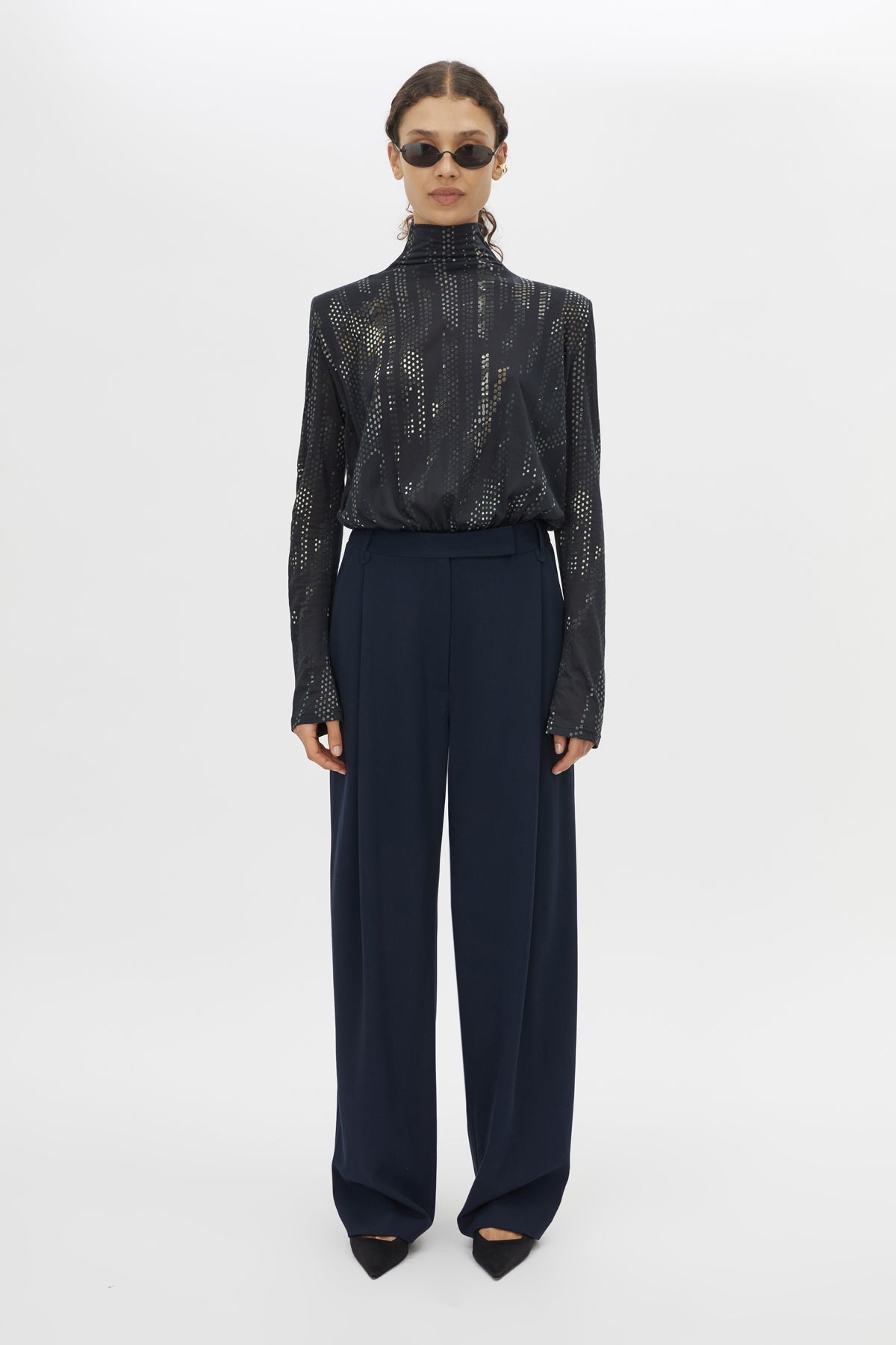 Front styled view CAMILLA AND MARC Talice Bodysuit in Printed Black with a high fitted neckline.