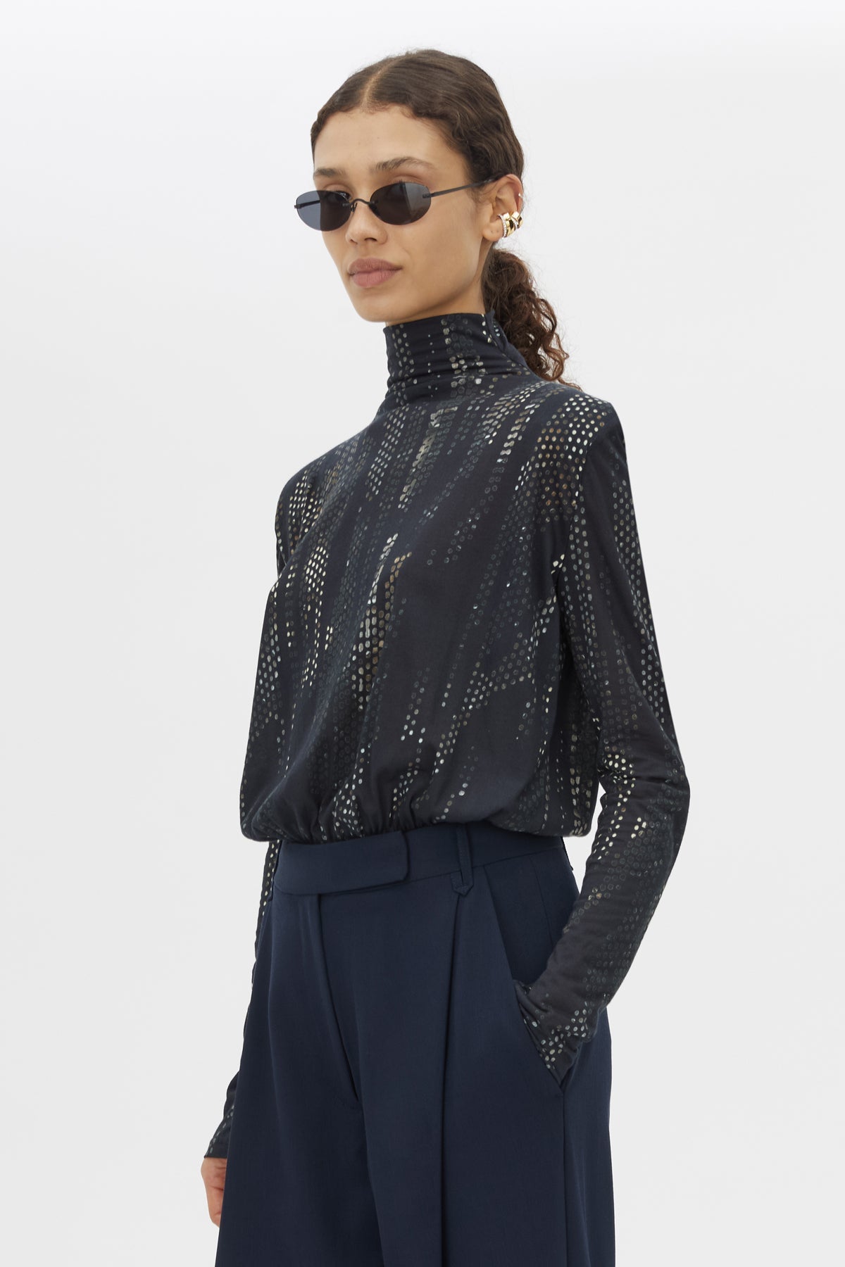Cropped view CAMILLA AND MARC Talice Bodysuit in Printed Black with a high fitted neckline.