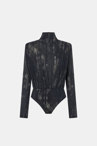 Ghost view CAMILLA AND MARC Talice Bodysuit in Printed Black with a high fitted neckline.