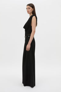 Side view CAMILLA AND MARC Taryn Mesh Bodysuit in black with a cowl-plunging neckline.