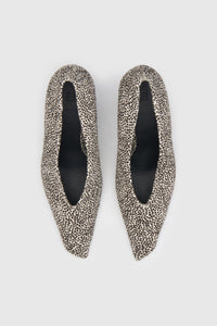 Top view CAMILLA AND MARC Wave Spotted Pump in Black and White with textured finish and angled heel.