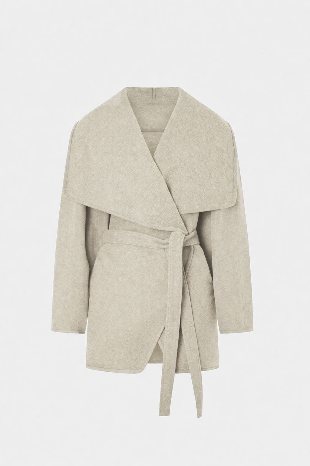 Ghost view CAMILLA AND MARC Audrey Wrap Jacket in oat with relaxed belted silhouette.